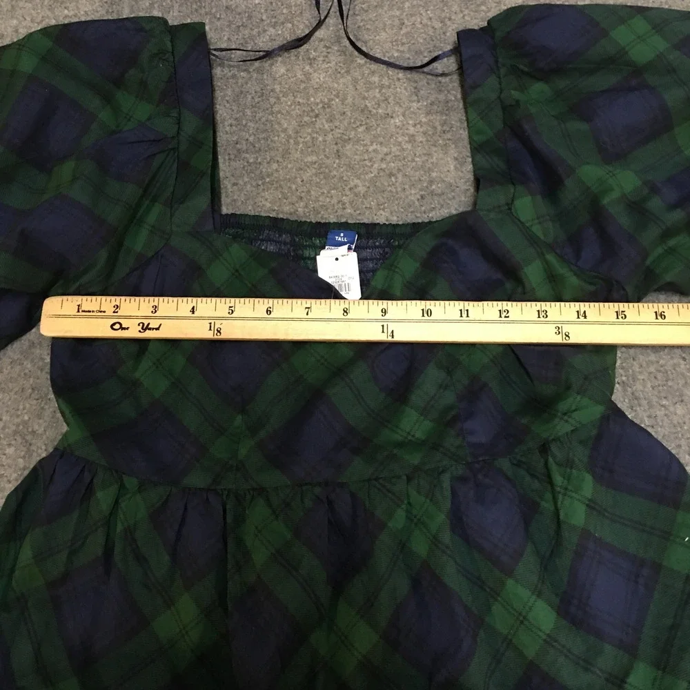 Old Navy Plaid Puff Sleeve Blouse Women Small Tall Green Navy Peplum Top
